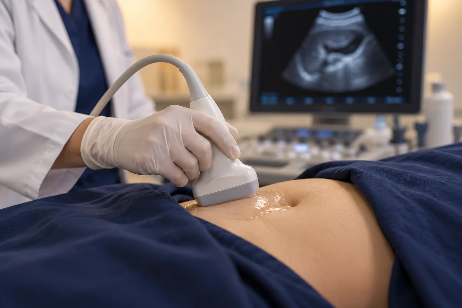 Illustration of an abdominal ultrasound assessment