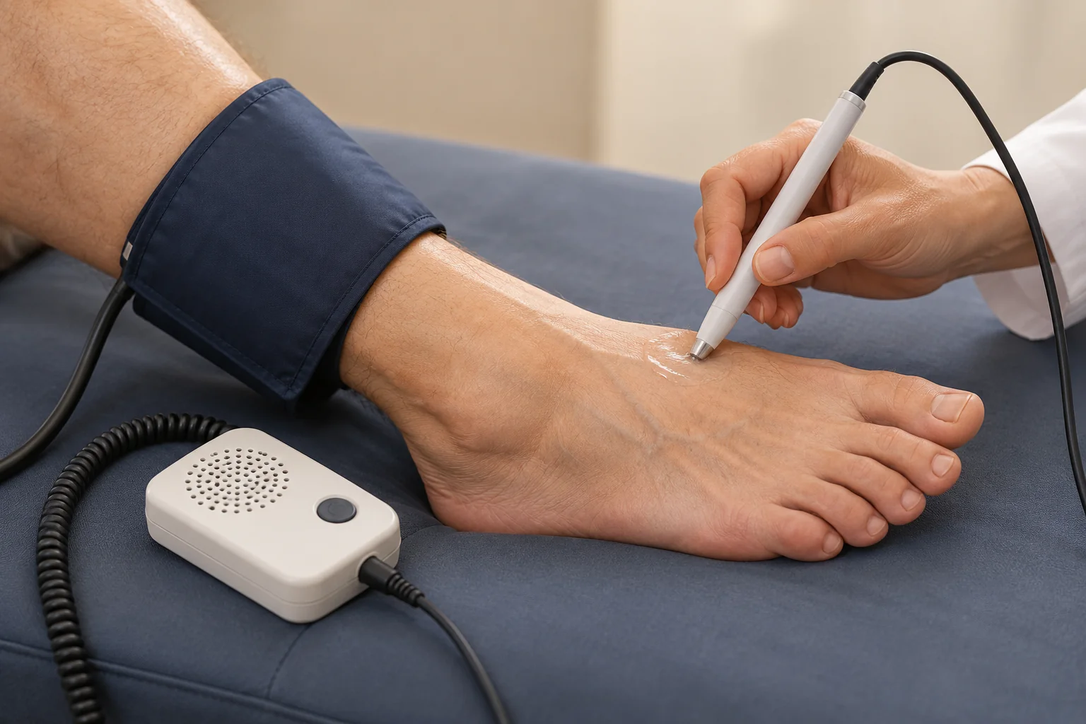 Illustration of an ankle cuff and handheld Doppler probe used during circulation assessment