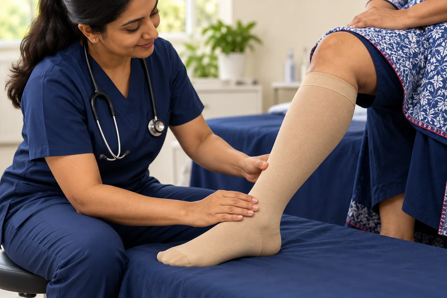Illustration of a fitted knee-high compression stocking