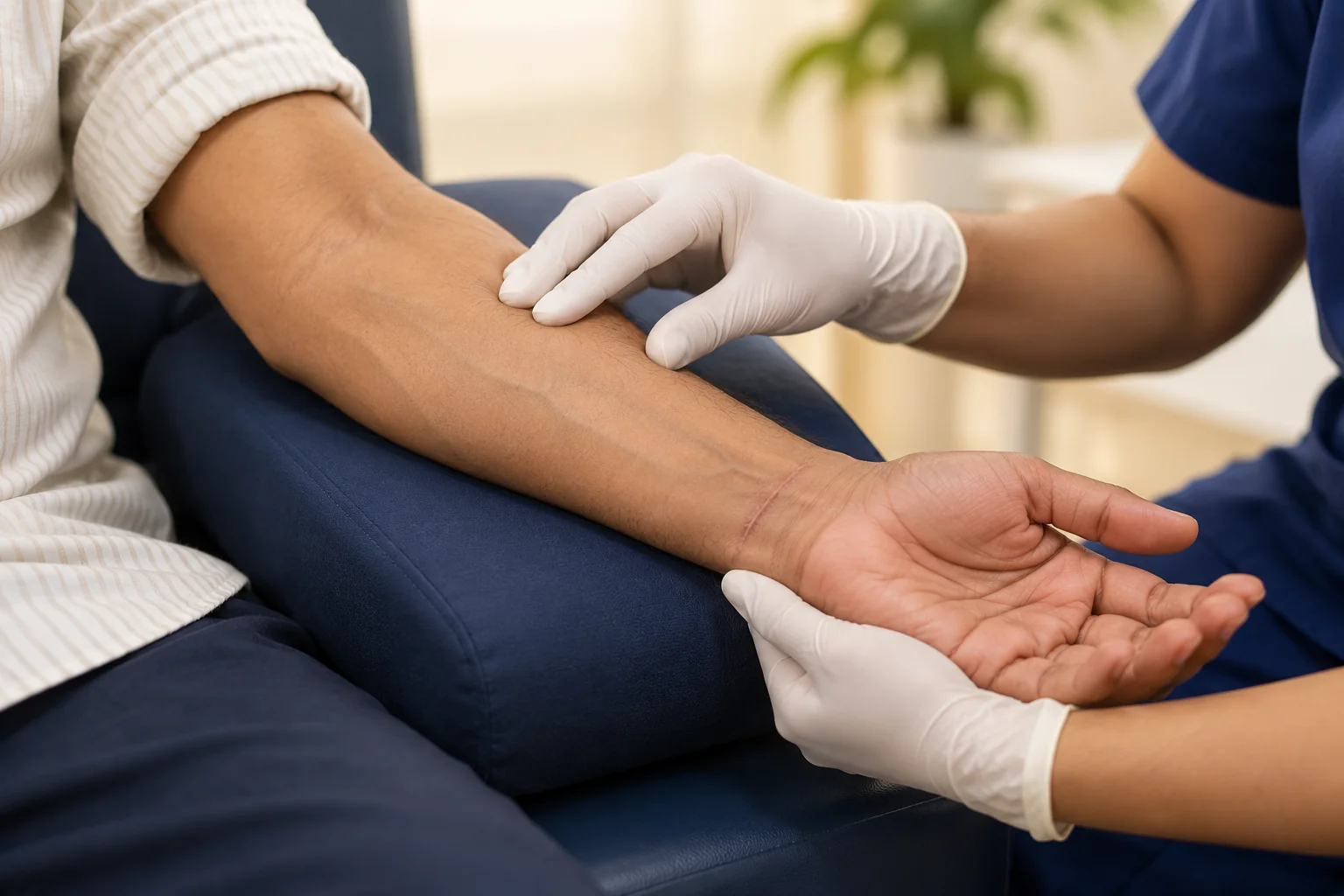 Illustration of a clinician assessing dialysis access in an adult forearm