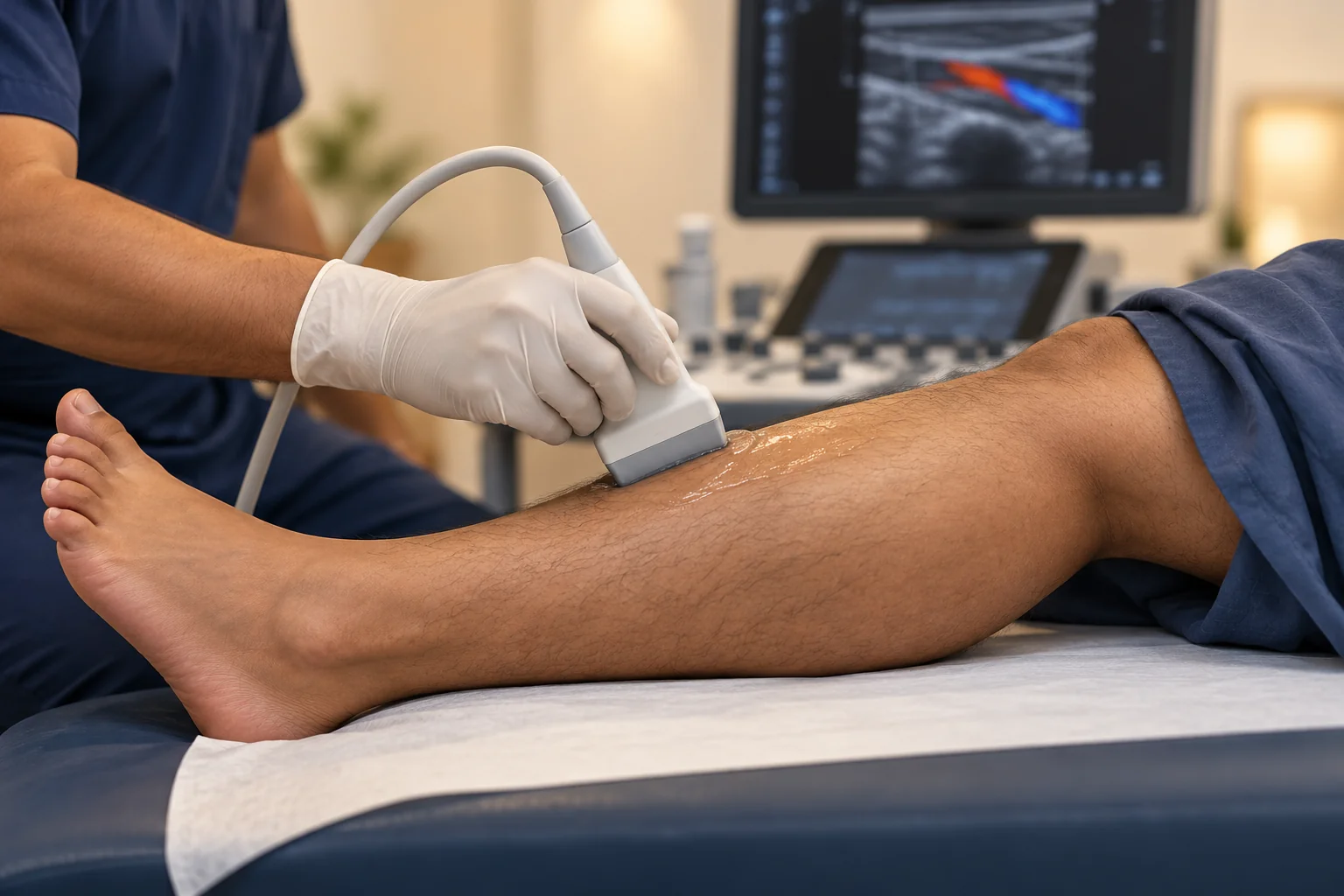 Illustration of a clinician using an ultrasound probe to assess an adult leg