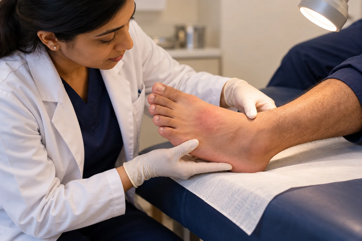 Illustration of a clinician inspecting a foot with redness and swelling