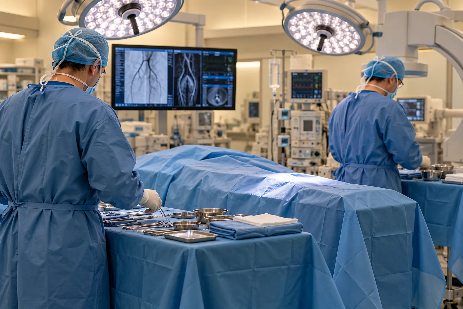 Illustration of a surgical team preparing for hospital-based care