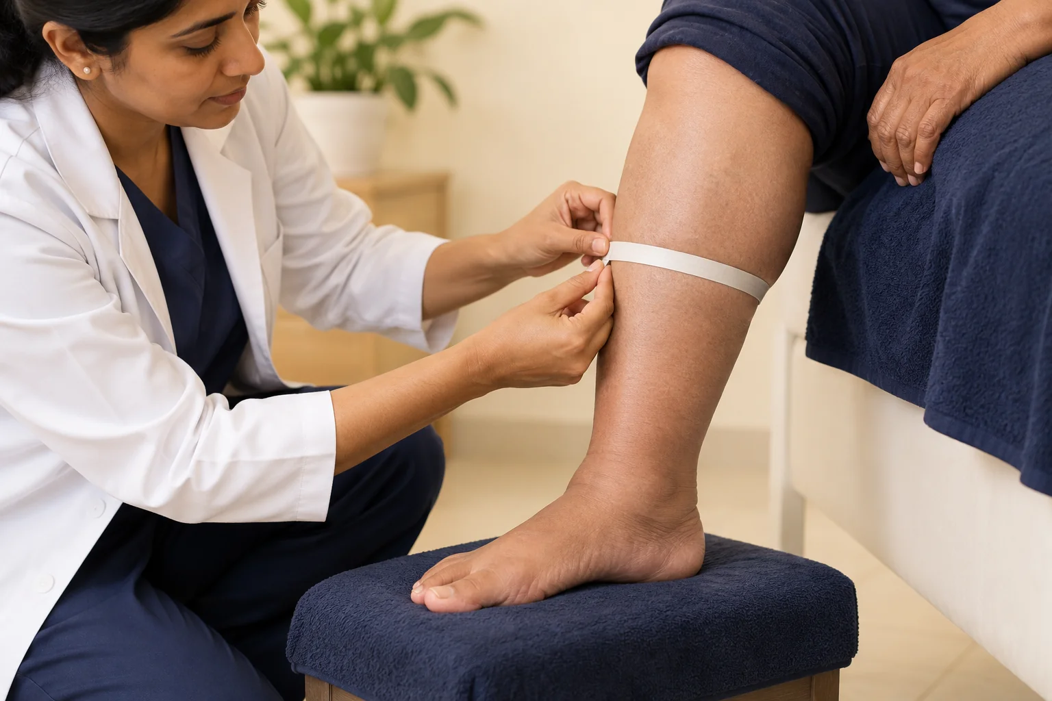 Illustration of a clinician measuring a swollen lower leg