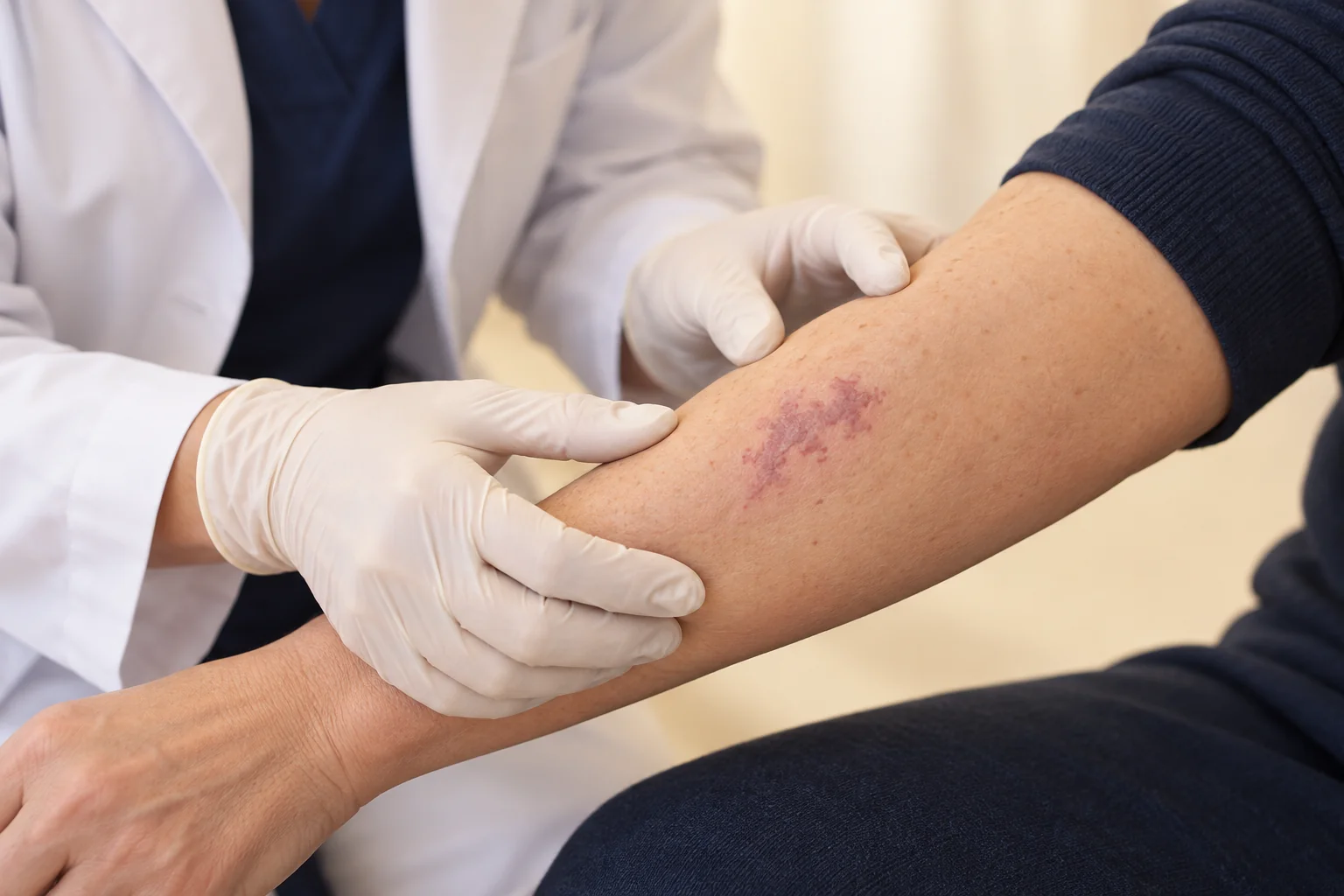 Illustration of a clinician assessing a superficial vascular skin mark