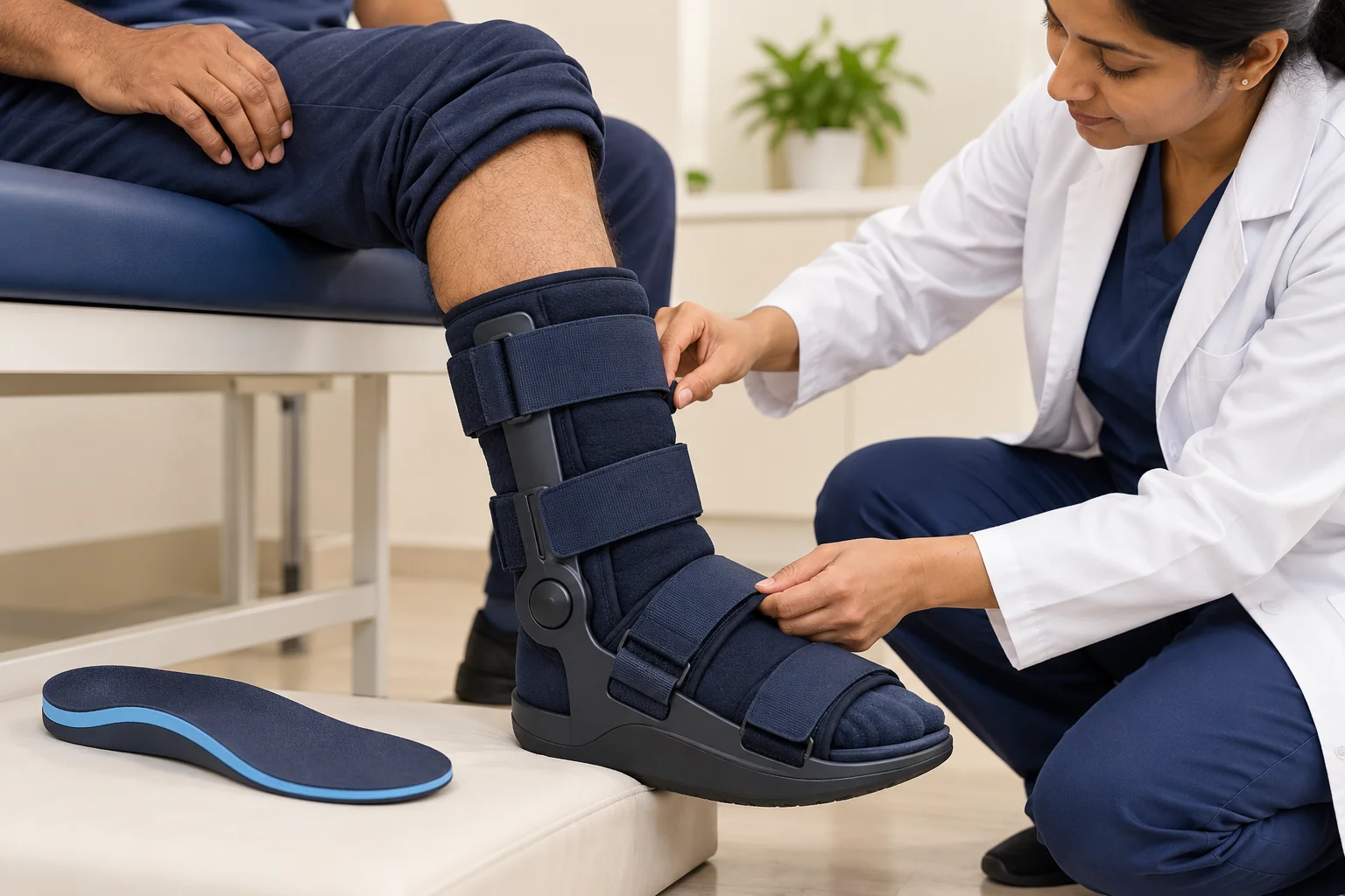 Illustration of a clinician adjusting a protective offloading boot