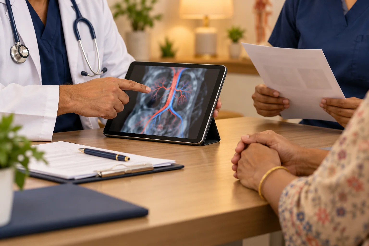 Illustration of clinicians and a patient discussing imaging and treatment options