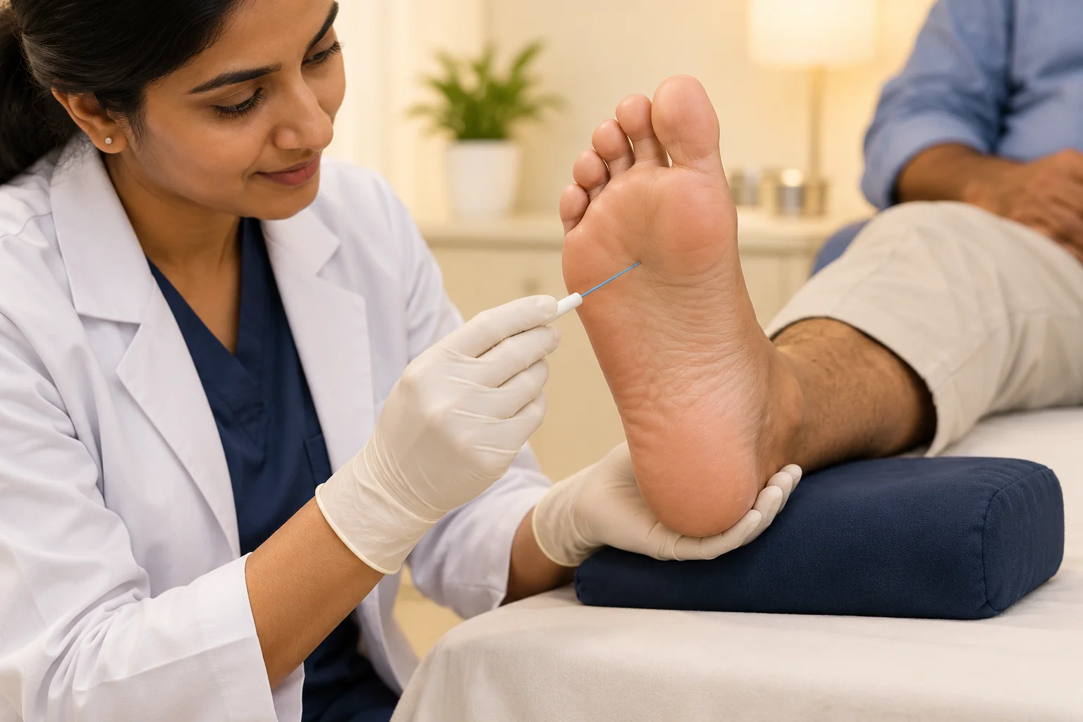 Illustration of a clinician checking protective foot sensation with a monofilament