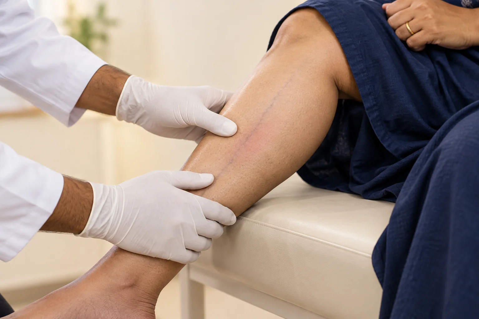 Illustration of a clinician examining a tender superficial calf vein