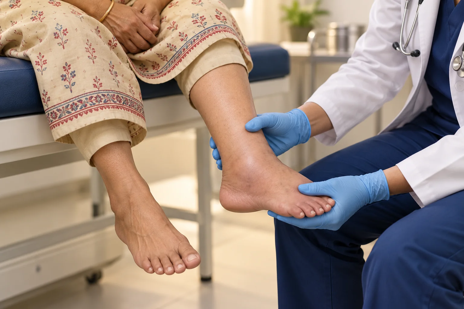 Illustration of a clinician examining a swollen ankle