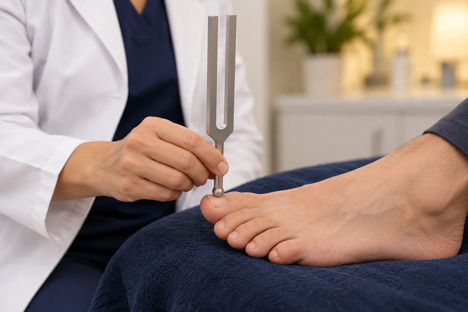 Illustration of a tuning fork used to check vibration sensation at the great toe