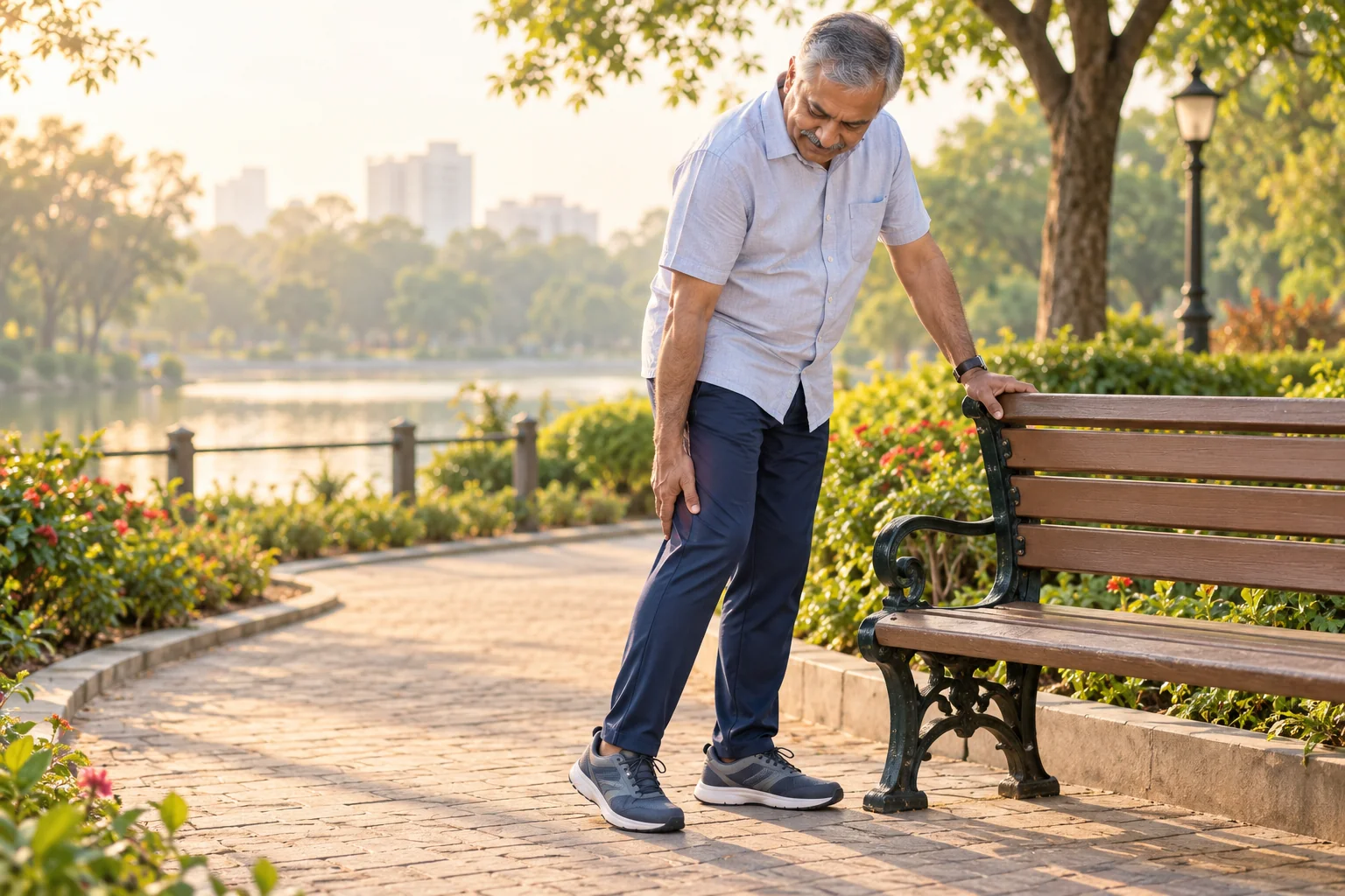 Illustration of an adult pausing during a walk because of leg discomfort