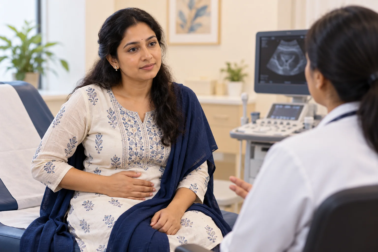 Illustration of a woman discussing pelvic symptoms during a consultation