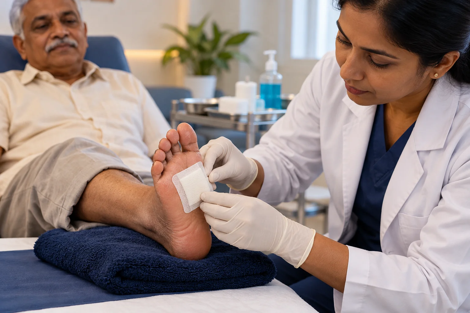 Illustration of a clinician applying a clean protective dressing to a foot